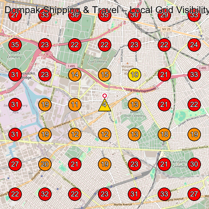 Dompak Shipping & Travel GeoGrid visibility map for Customs Broker in Queens